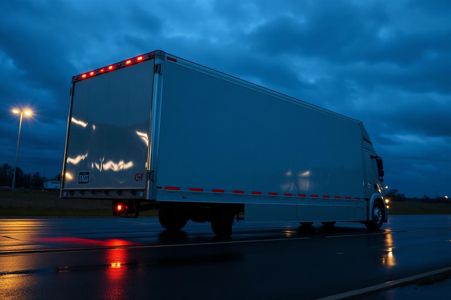 Nyvasket semitrailer utenfor anlegget i skumringen